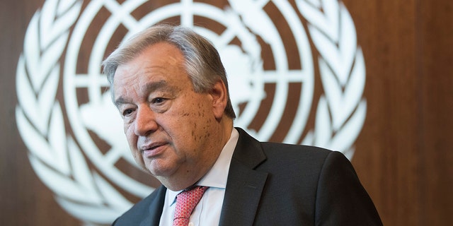 Na tym zdjęciu z 7 maja 2019 r. Sekretarz Generalny Organizacji Narodów Zjednoczonych Antonio Guterres jest przedstawiony podczas wywiadu w Kwaterze Głównej Organizacji Narodów Zjednoczonych.