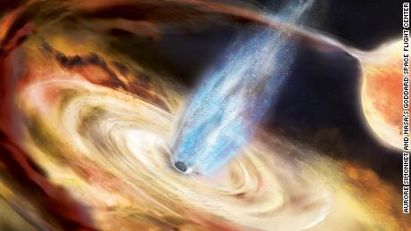 Na tej ilustracji czarna dziura wciąga materię z pobliskiej gwiazdy do dysku akrecyjnego.