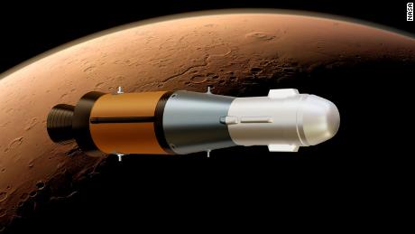 Ta ilustracja pokazuje Mars Ascent Rover NASA na orbicie wokół Marsa z próbkami na pokładzie.
