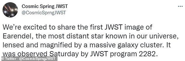 „Cieszymy się, że możemy udostępnić pierwsze zdjęcie Earendla w JWST” – powiedziała grupa astronomów korzystająca z konta Cosmic Spring JWST na Twitterze.