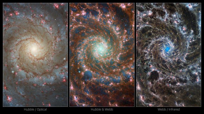 Po lewej widok galaktyki z Kosmicznego Teleskopu Hubble'a.  Po prawej obraz z Kosmicznego Teleskopu Jamesa Webba jest uderzająco inny.  Połączone zdjęcie w środku łączy te dwa elementy, aby uzyskać naprawdę wyjątkowy wygląd 
