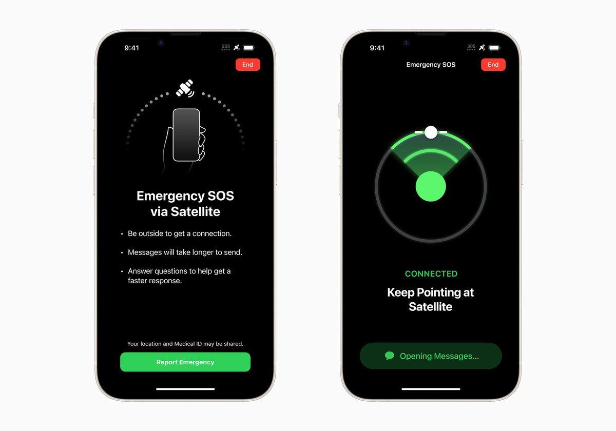 Dwa zrzuty ekranu funkcji SOS Satellite Emergency firmy Apple, jeden wyjaśniający tę funkcję, a drugi pokazujący telefon próbujący zlokalizować satelitę.