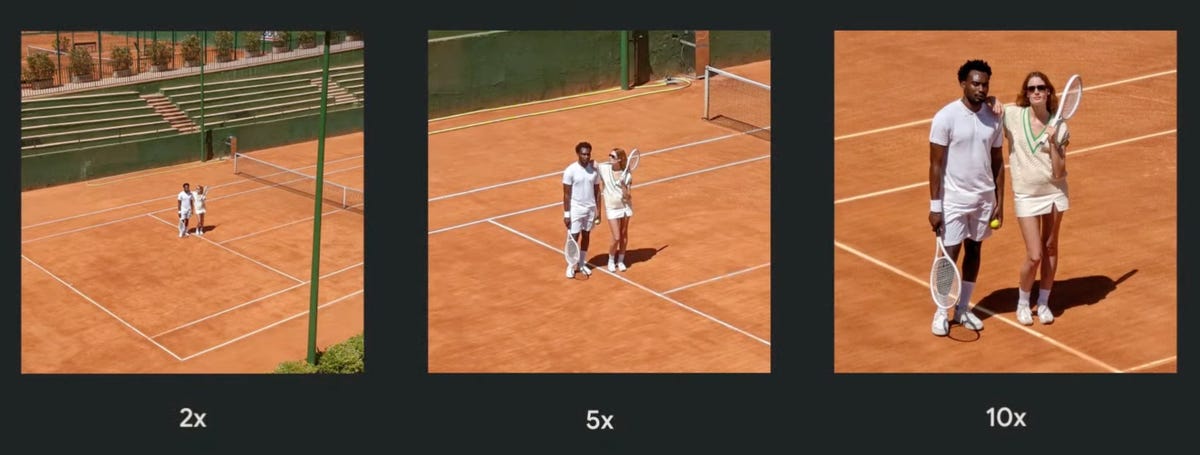 Trzy zdjęcia odległych tenisistów pokazują, jak Pixel 7 Pro firmy Google może powiększać za pomocą współczynników powiększenia 2x, 5x i 10x.