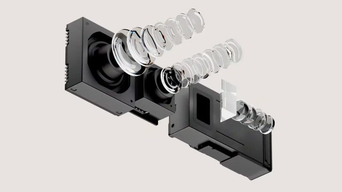 Ilustracja przedstawia trzy kamery Pixel 7 Pro i zdetonowany widok ich elementów obiektywu