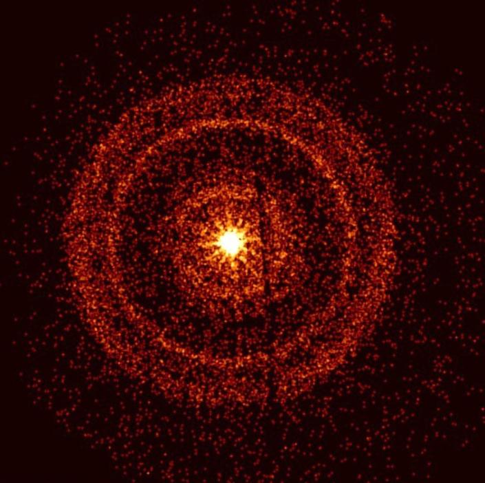 Jasnożółte promienie gamma eksplodowały otoczone pierścieniami czerwonych kropek