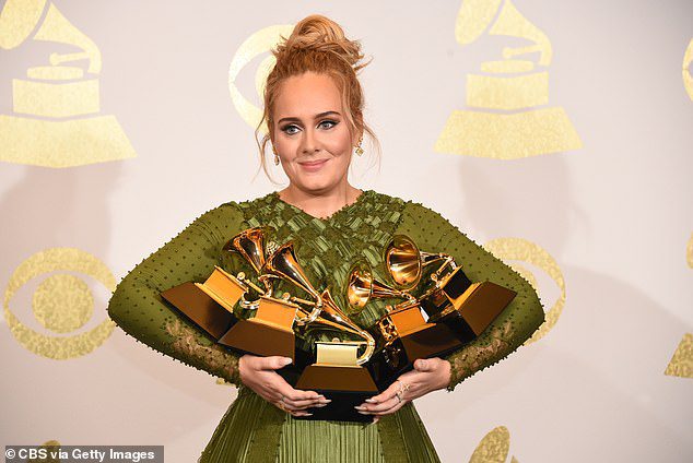 Zdobywca nagrody Grammy: Adele zdobyła dotychczas 15 nagród Grammy.  Widziana tutaj z pięcioma nagrodami, które zabrała do domu z 59. dorocznej nagrody Grammy w Los Angeles w 2017 r.