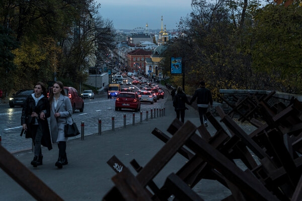 Steel tank barricades known as hedgehogs in Kyiv, on Friday.