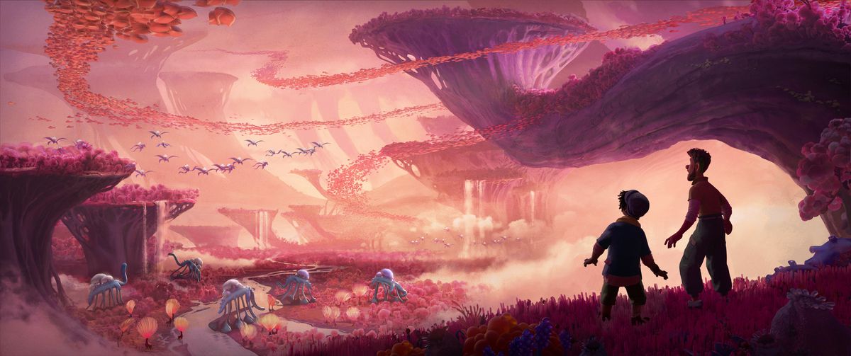 W scenie z Strange World świetny widok, gdzie wszystko jest pomarańczowe, różowe i czerwone;  Dwie sylwetki postaci wpatrują się w punkt widokowy, który jest wypełniony strukturami przypominającymi klify i dziwnymi stworzeniami przypominającymi dinozaury.